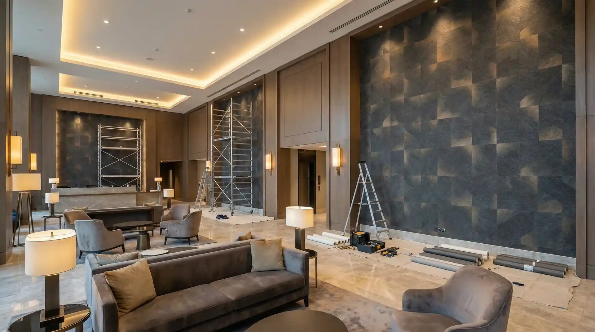 Commercial wallcovering installation in luxury hotel lobby, Phoenix Arizona
